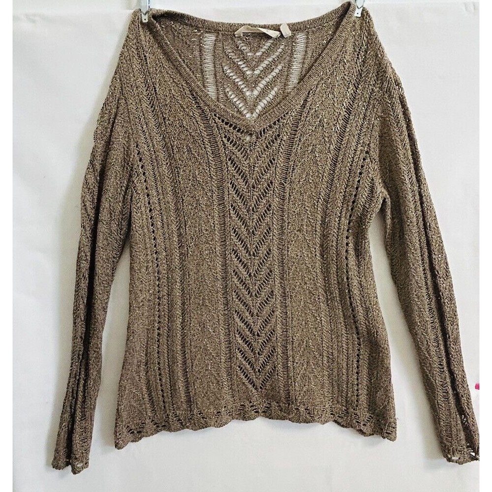 Soft Surroundings Loose Knit Sweater Size Medium Gold Brown Metallic‎ Pointelle